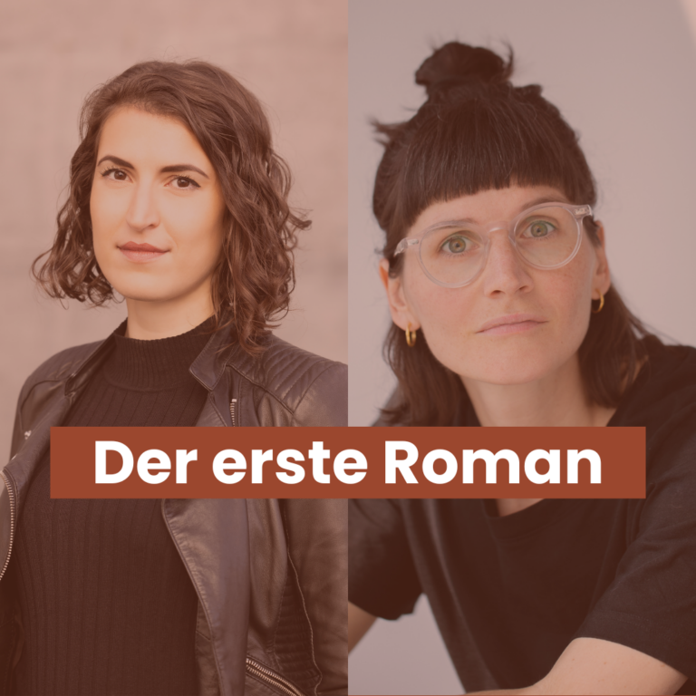 Autorinnenportaits von Christina König und Katharina Feist-Merhaut; Text in der Mitte des Bilds "Der erste Roman"